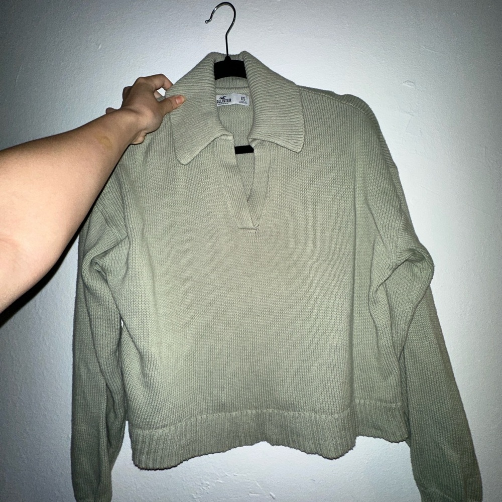 Hollister Easy Polo Collar Green Knit Sweater